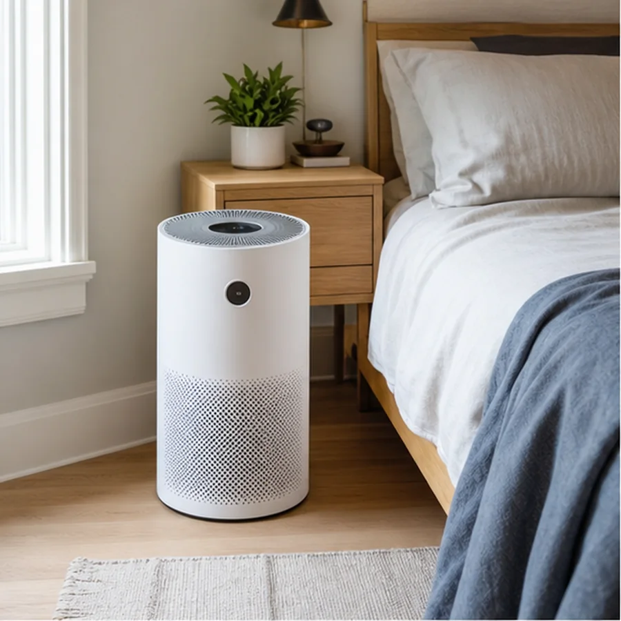 air purifier beside bed in realistic bright bedroom