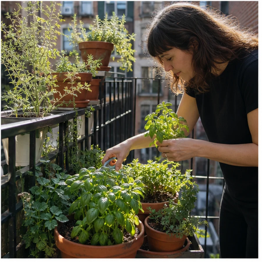 urban balcony herb garden in terracotta pots with person harvesting basil