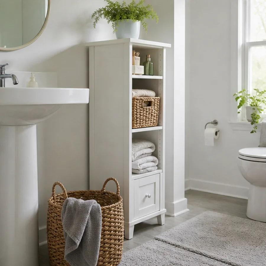 small airy bathroom with slim cabinet baskets and towels