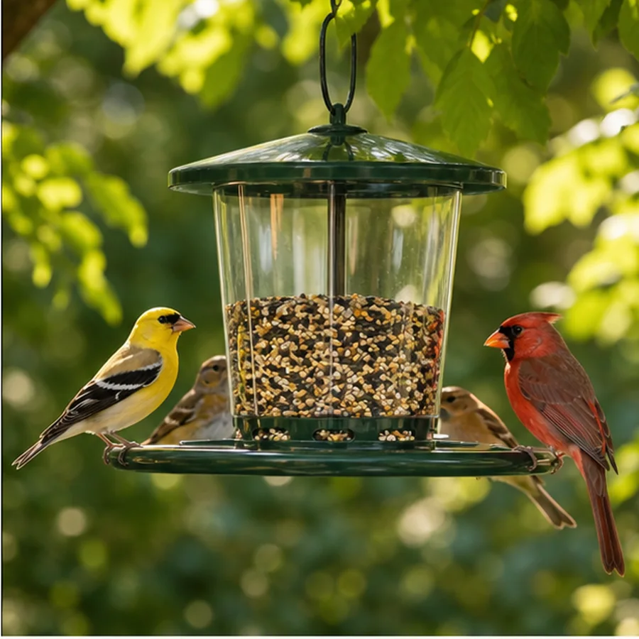 clean bird feeder in leafy backyard with songbirds nearby