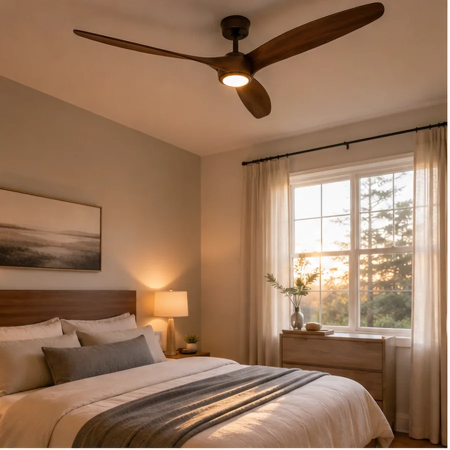 serene bedroom with modern wood ceiling fan and soft evening light