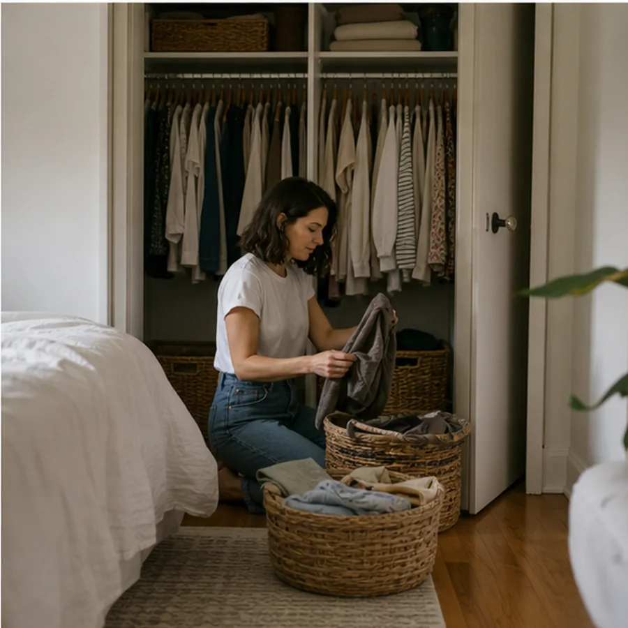 person sorting clothes in calm bedroom closet with baskets