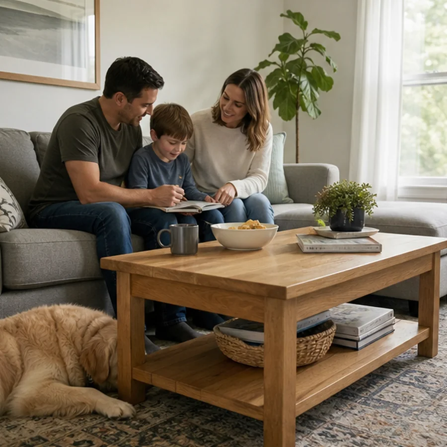 family living room with practical oak coffee table and everyday objects