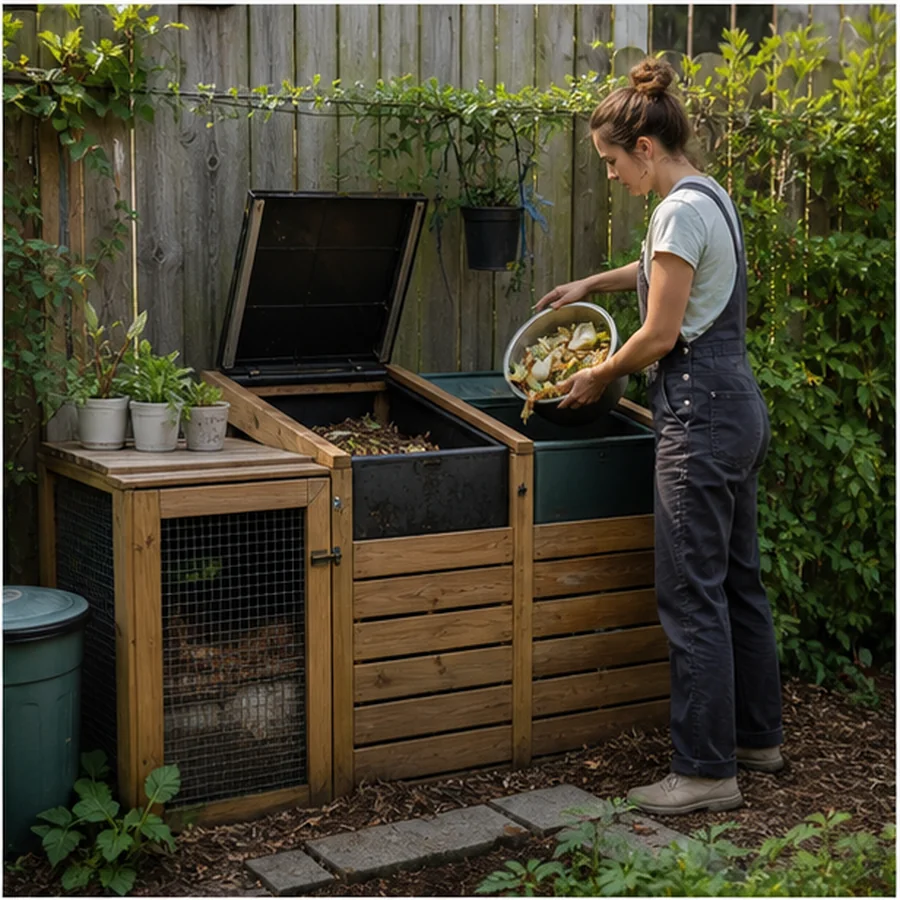 tidy backyard compost station with gardener adding kitchen scraps