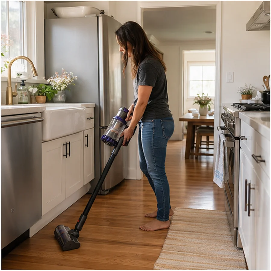 person using cordless vacuum in bright real family kitchen