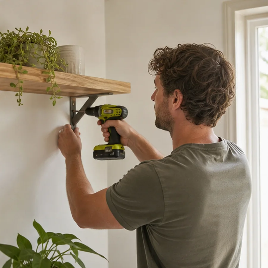 new homeowner using cordless drill to install shelf safely