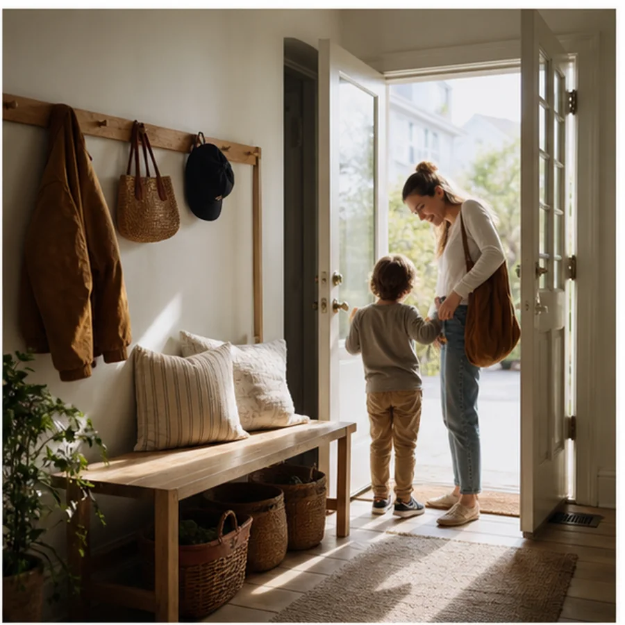 family entryway with bench, baskets, hooks and morning sunlight