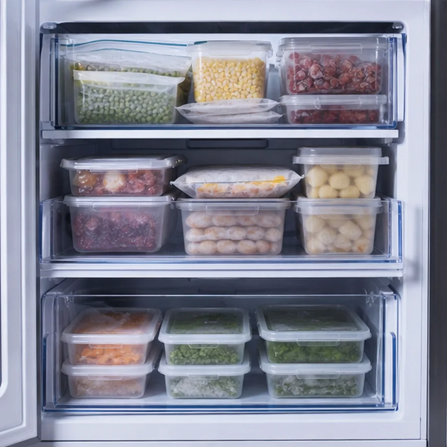 open organized freezer drawers with labeled food containers