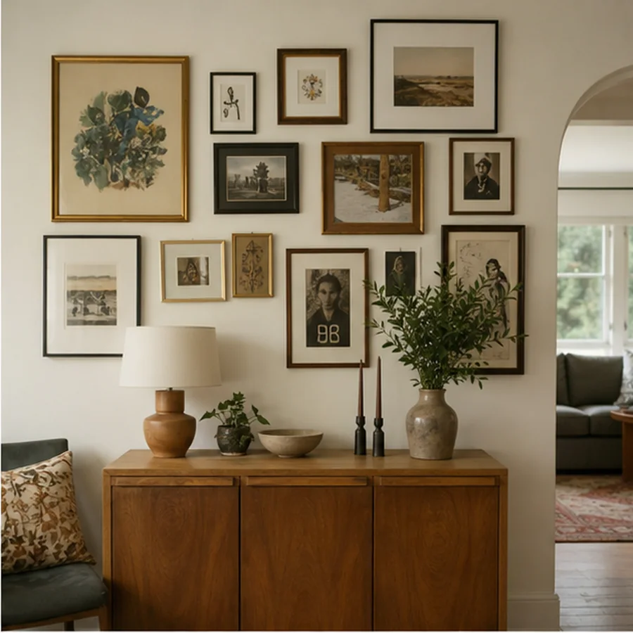 eclectic gallery wall above console in warm lived in home