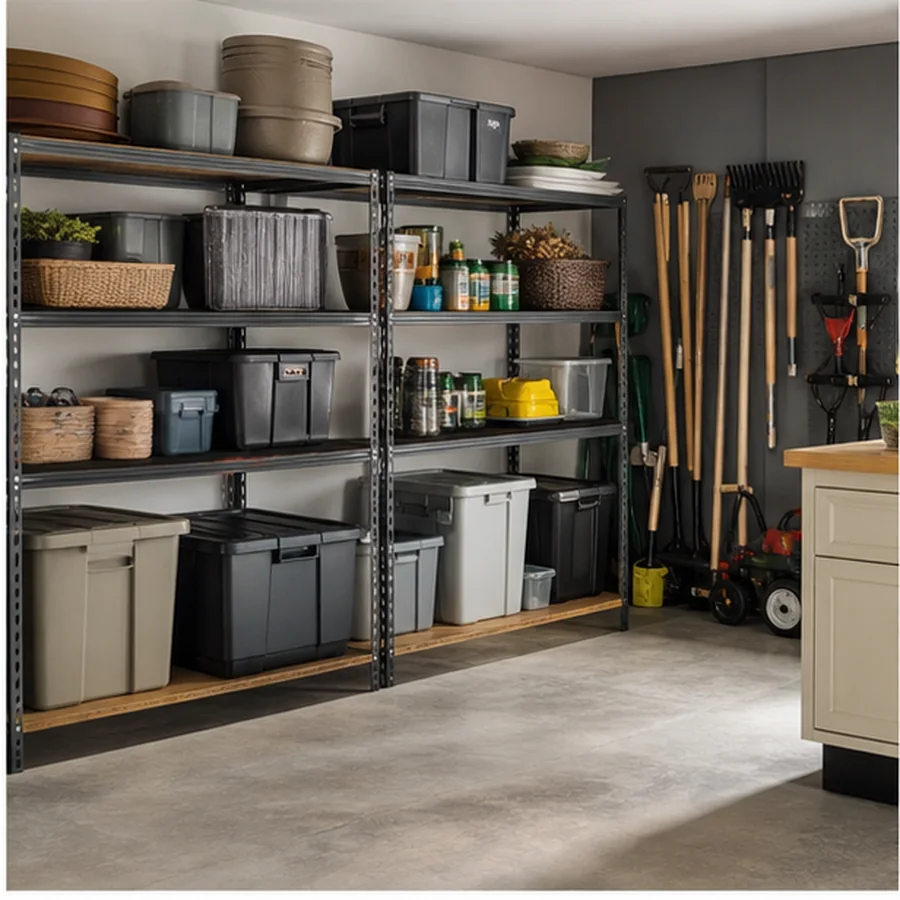 organized residential garage with sturdy shelving and labeled bins