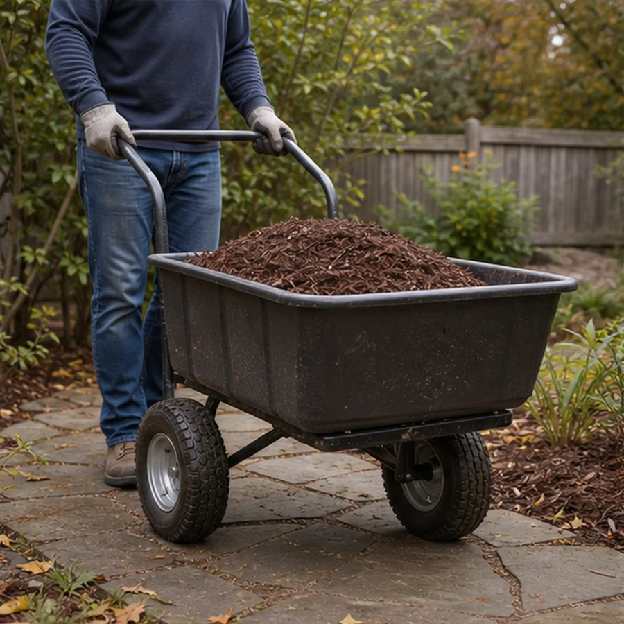 person moving mulch in sturdy garden cart along backyard path