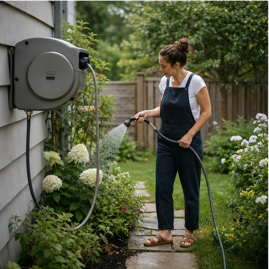 homeowner watering garden with neatly mounted hose reel