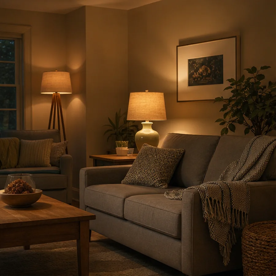 warm evening living room lit by table and floor lamps