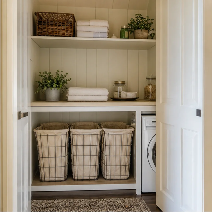 small hallway laundry nook with sorting baskets and folded linens