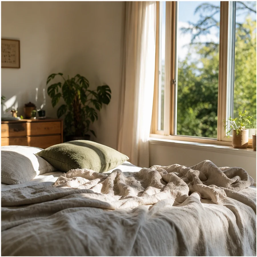 sunlit bedroom with rumpled natural linen bedding and open window