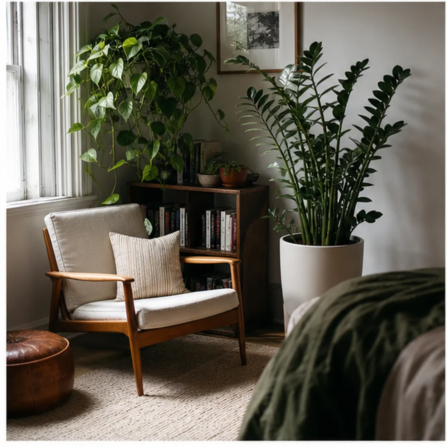 north facing apartment corner with healthy pothos, zz plant and reading chair