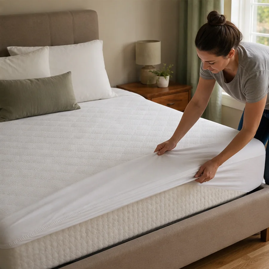 fresh bed with mattress protector being fitted in natural bedroom