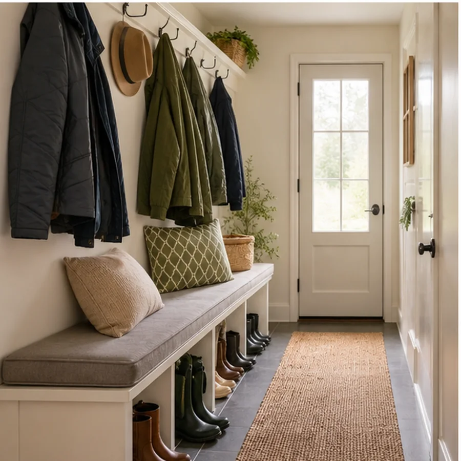 narrow mudroom with fitted bench, shoes, coats and natural light