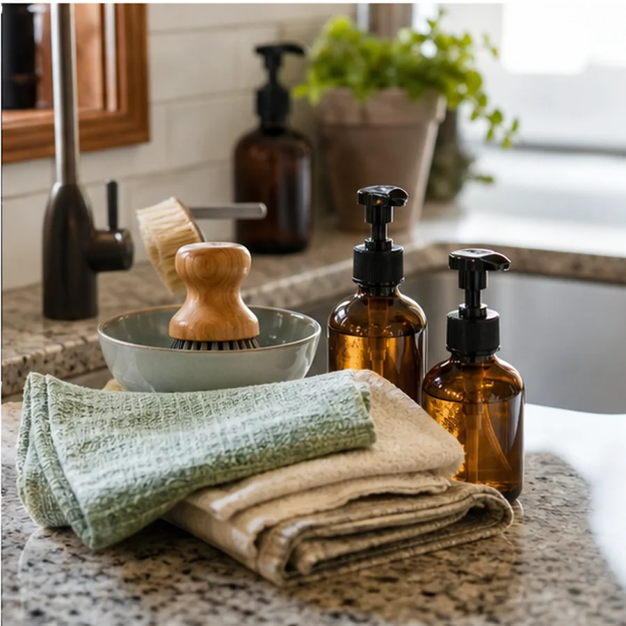 real kitchen cleaning setup with reusable cloths, brush and refill bottles