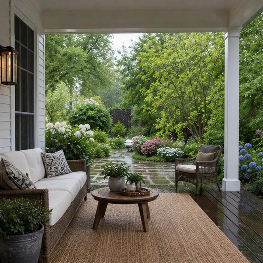 covered porch with outdoor rug seating and wet garden beyond