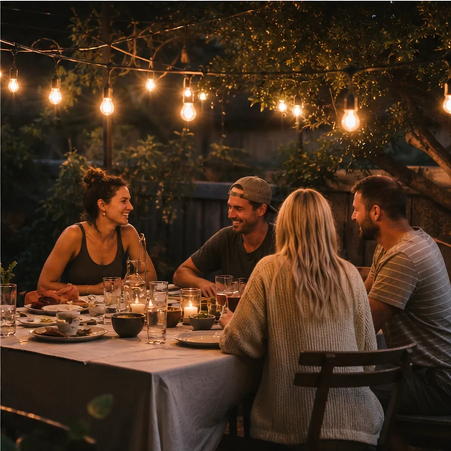 backyard patio dinner under warm string lights with friends