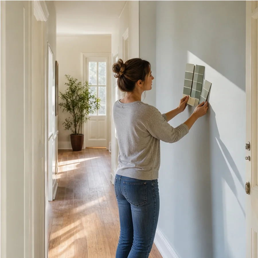 homeowner comparing paint swatches in sunlit hallway