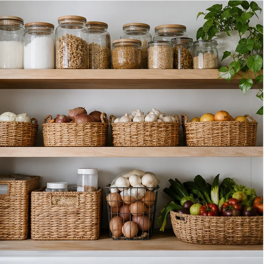 organized but realistic pantry with labeled baskets and ingredients