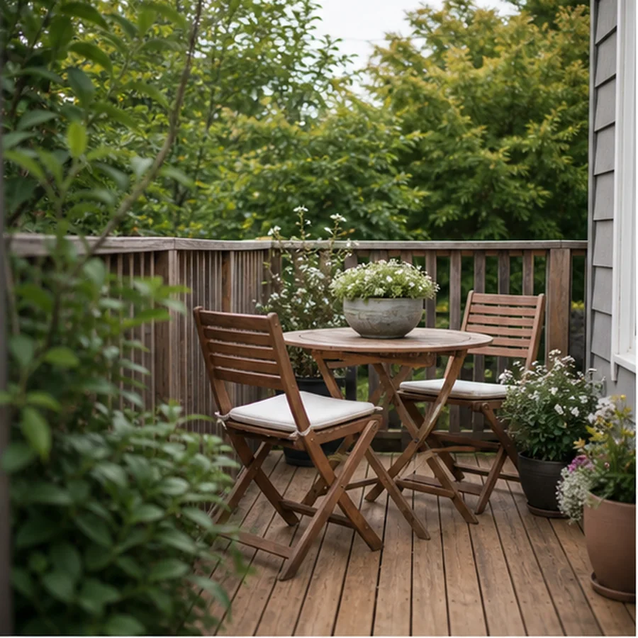 small wooden deck with compact outdoor dining set and plants