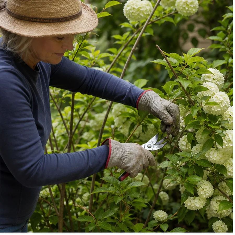 gardener pruning flowering shrub with hand tools