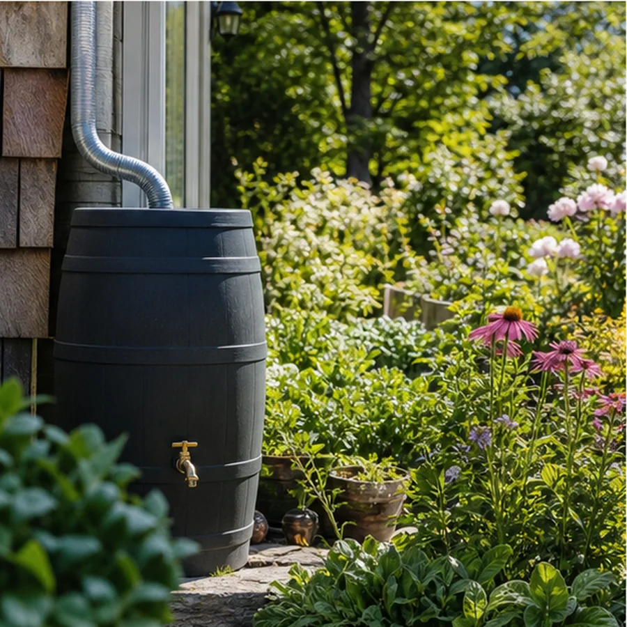 rain barrel connected to downspout beside thriving garden