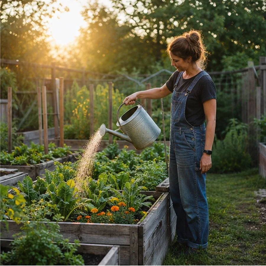 backyard raised garden bed with vegetables and gardener watering at golden hour