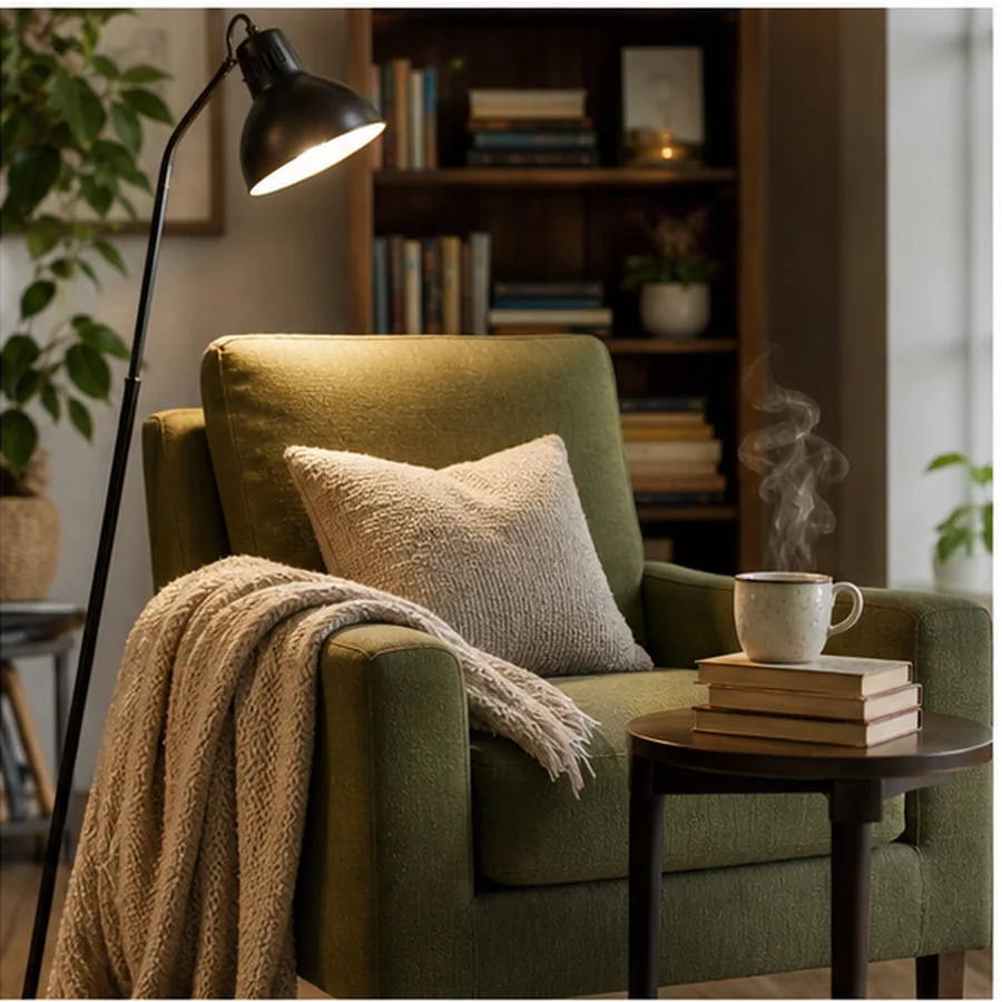 cozy reading corner with armchair floor lamp books and tea