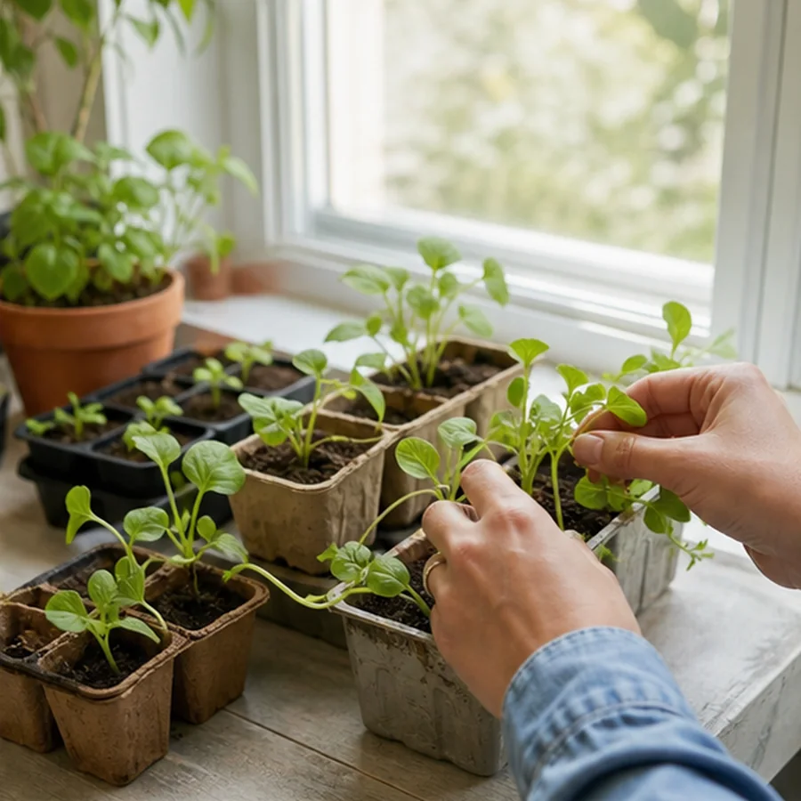 seedlings growing on bright kitchen windowsill with hands checking them