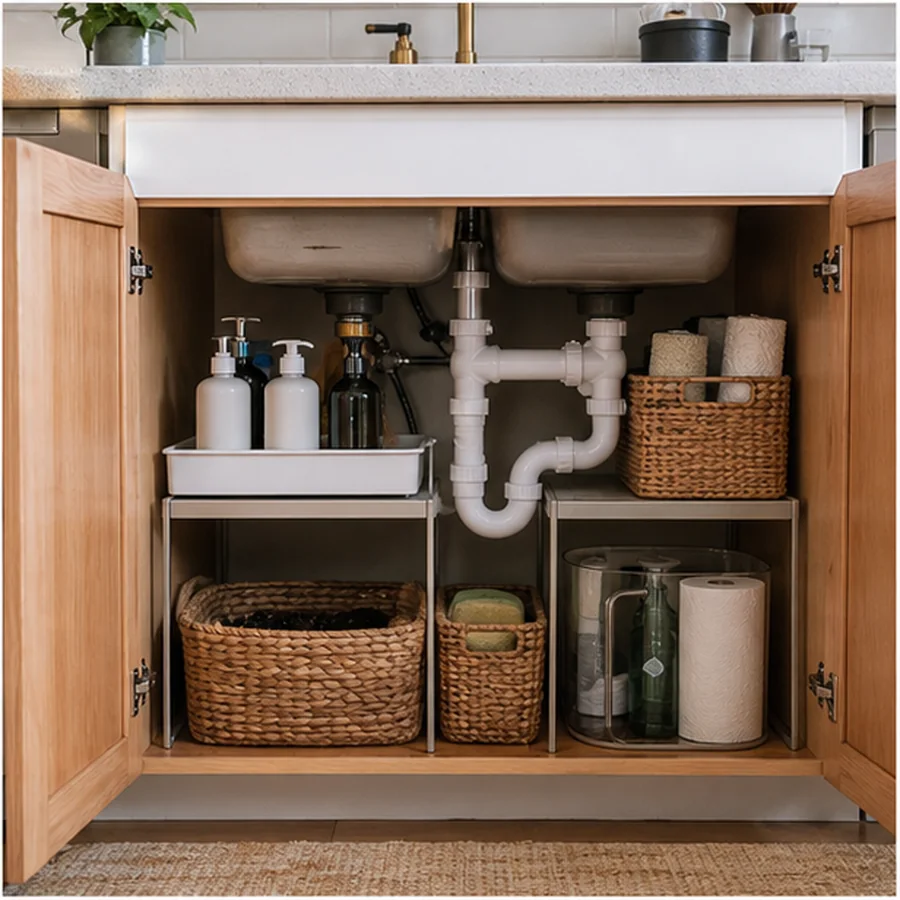 open kitchen sink cabinet neatly organized around plumbing