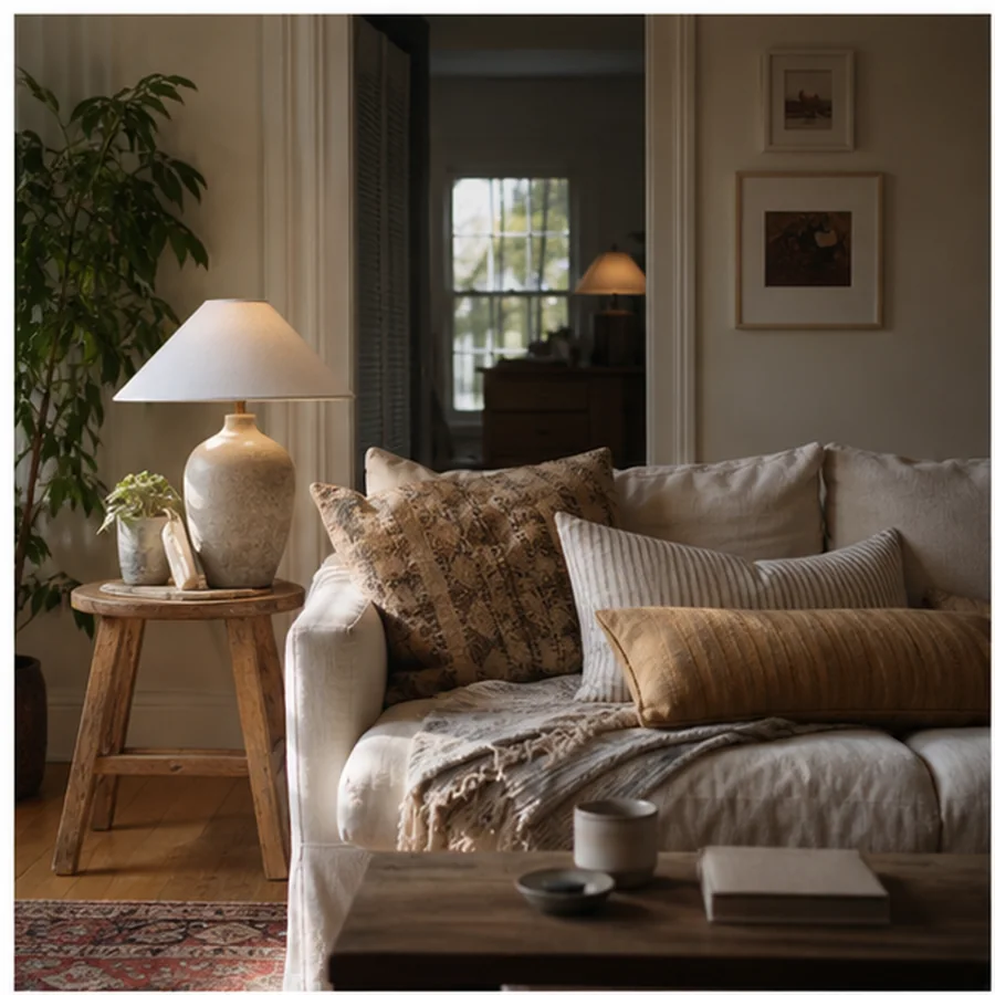 small warm living room with linen sofa, layered lamps, oak side table and lived-in details