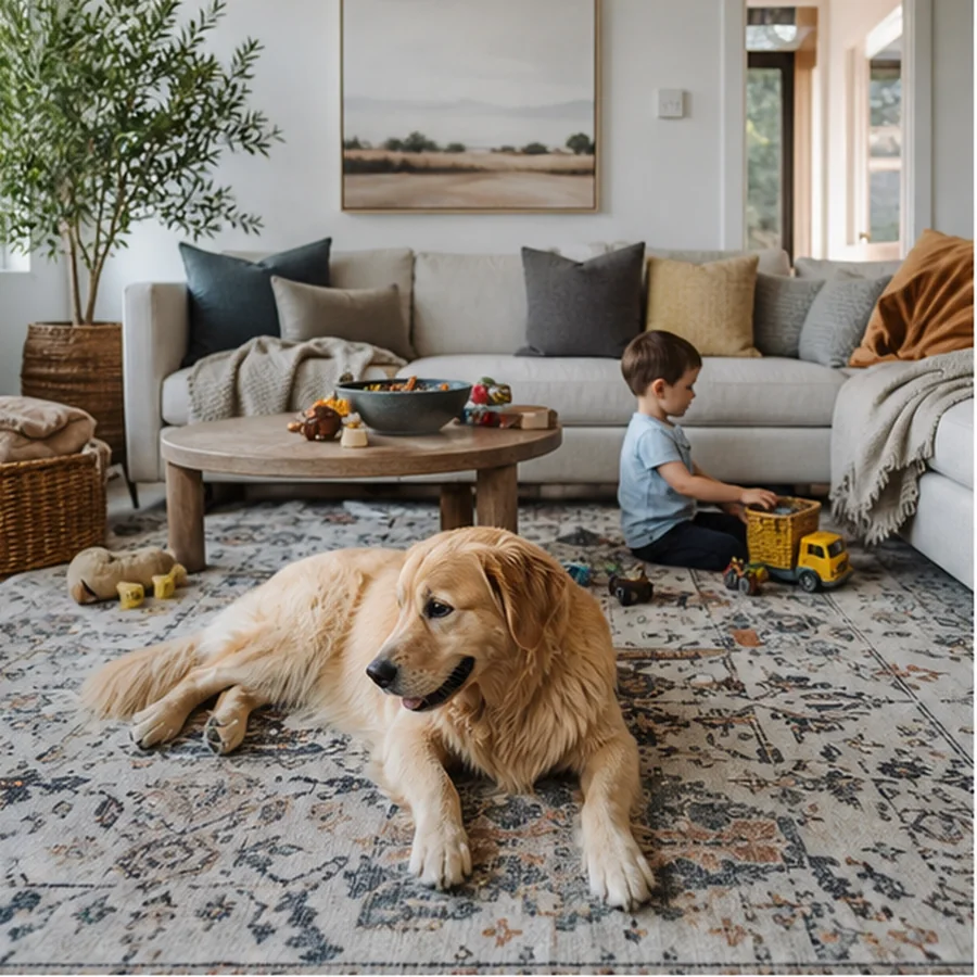 lived in family room with washable patterned rug, child toys and resting dog