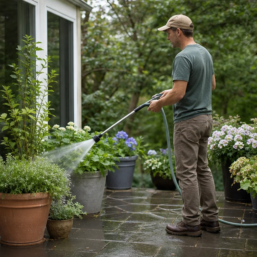 gardener using watering wand on patio container plants