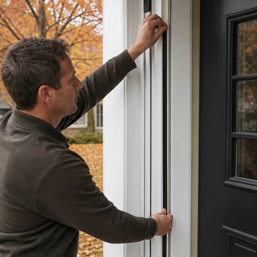 homeowner applying weatherstrip to exterior door in autumn